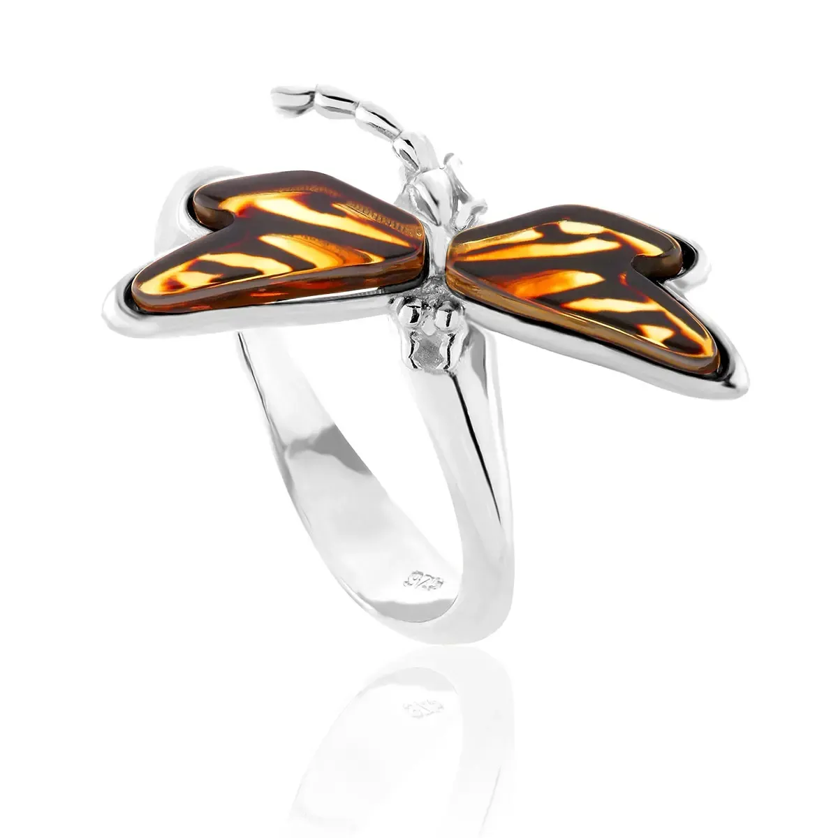 Pierścionek srebrny ważka z bursztynem mini Dragonfly