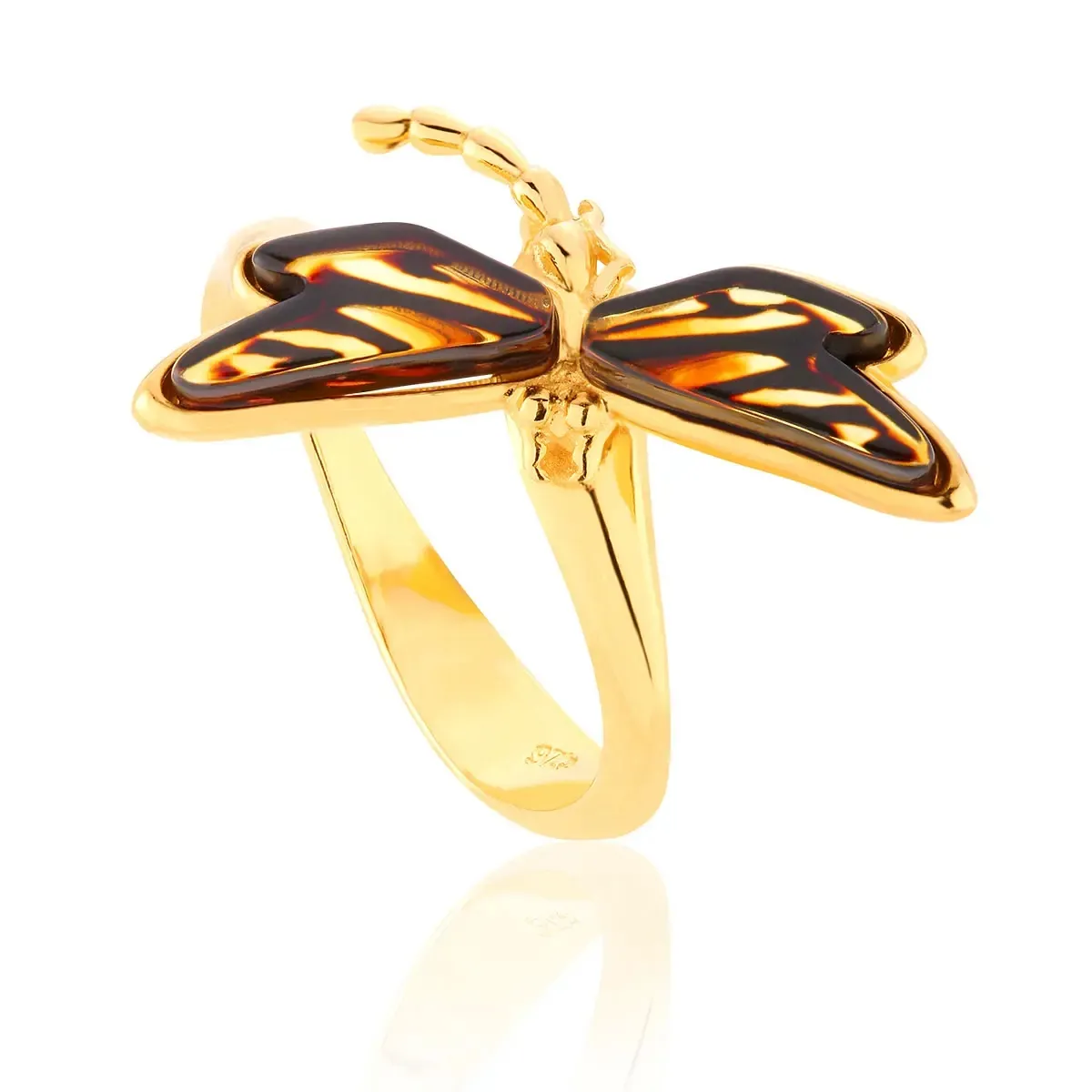 Pierścionek srebrny pozłacany ważka z bursztynem mini Dragonfly