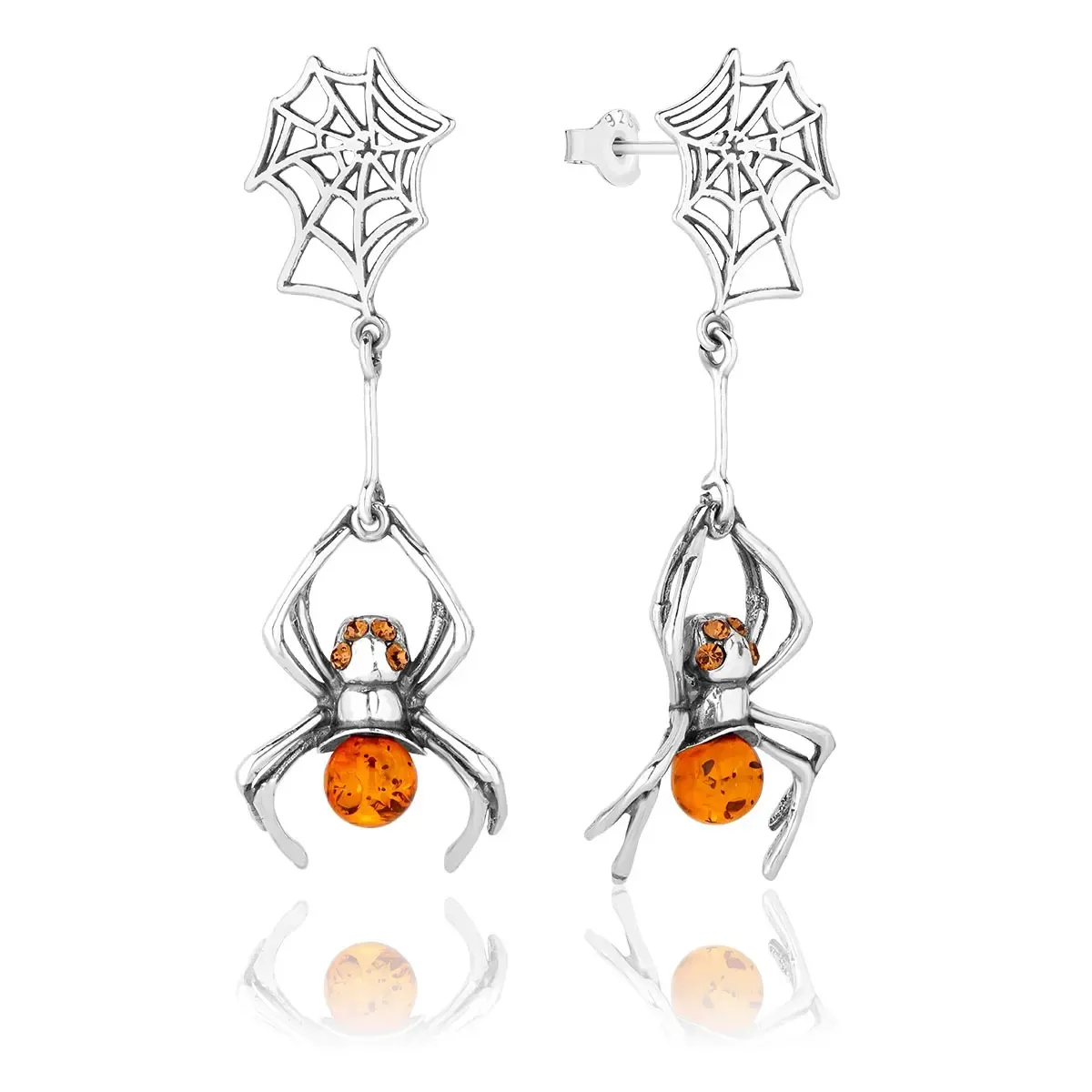 Kolczyki srebrne pająki z koniakowym bursztynem Spiderlings