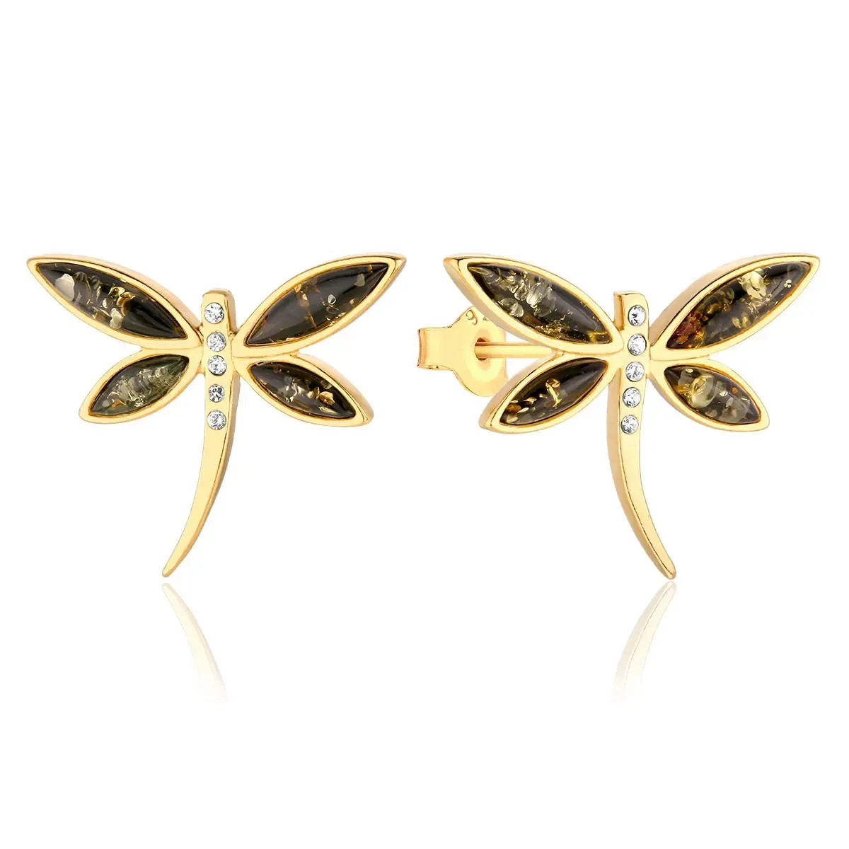 Kolczyki srebrne pozłacane ważki z zielonym bursztynem Daring Needle