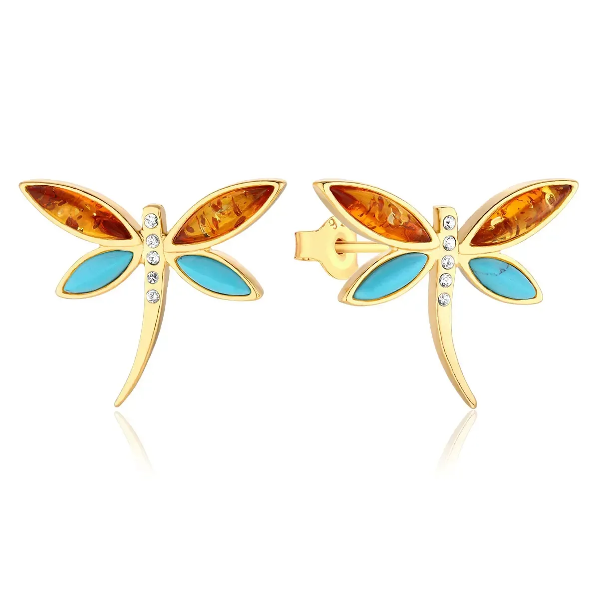 Kolczyki srebrne pozłacane ważki z turkusem i bursztynem Daring Needle