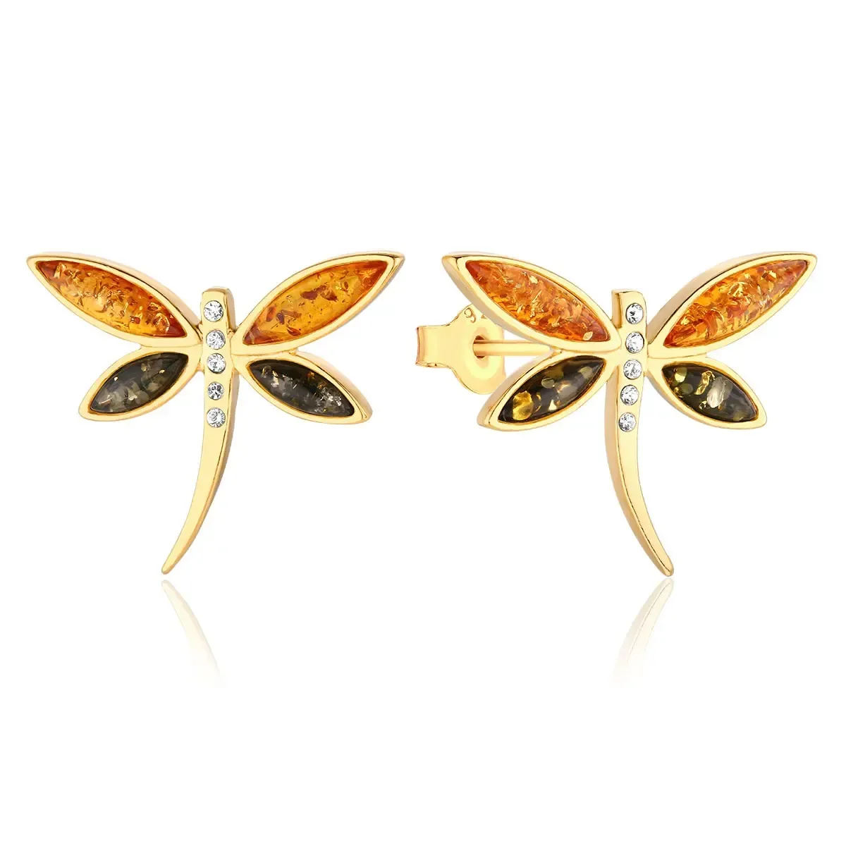 Kolczyki srebrne pozłacane ważki z bursztynem Daring Needle