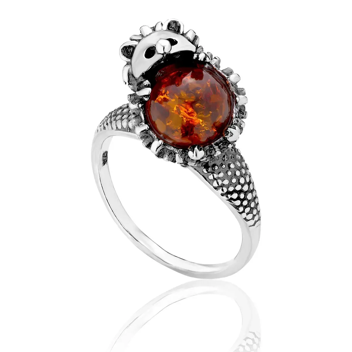 Pierścionek srebrny jeż z koniakowym bursztynem Hedgehog - 17