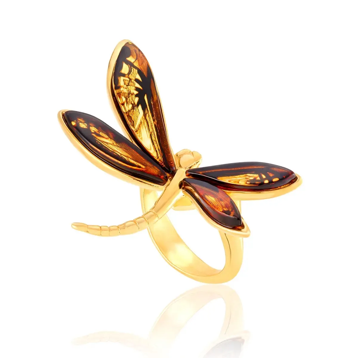Pierścionek srebrny pozłacany ważka z bursztynem Dragonfly