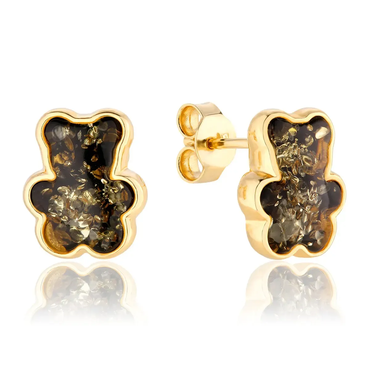 Kolczyki na sztyft srebrne pozłacane misie z zielonym bursztynem Teddy Bears