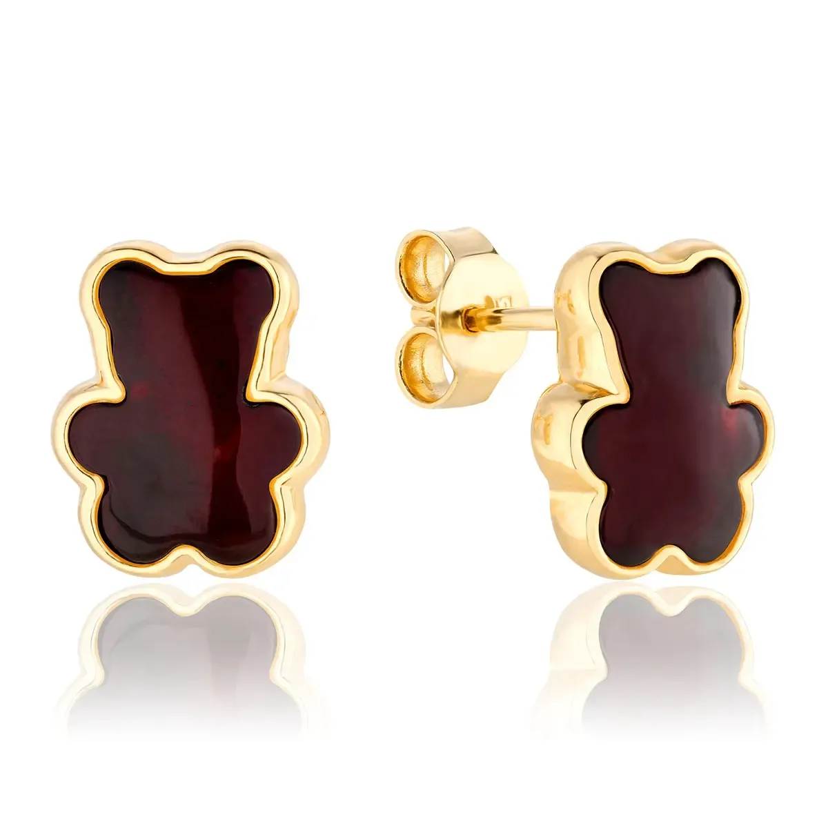 Kolczyki na sztyft srebrne pozłacane misie z wiśniowym bursztynem Teddy Bears