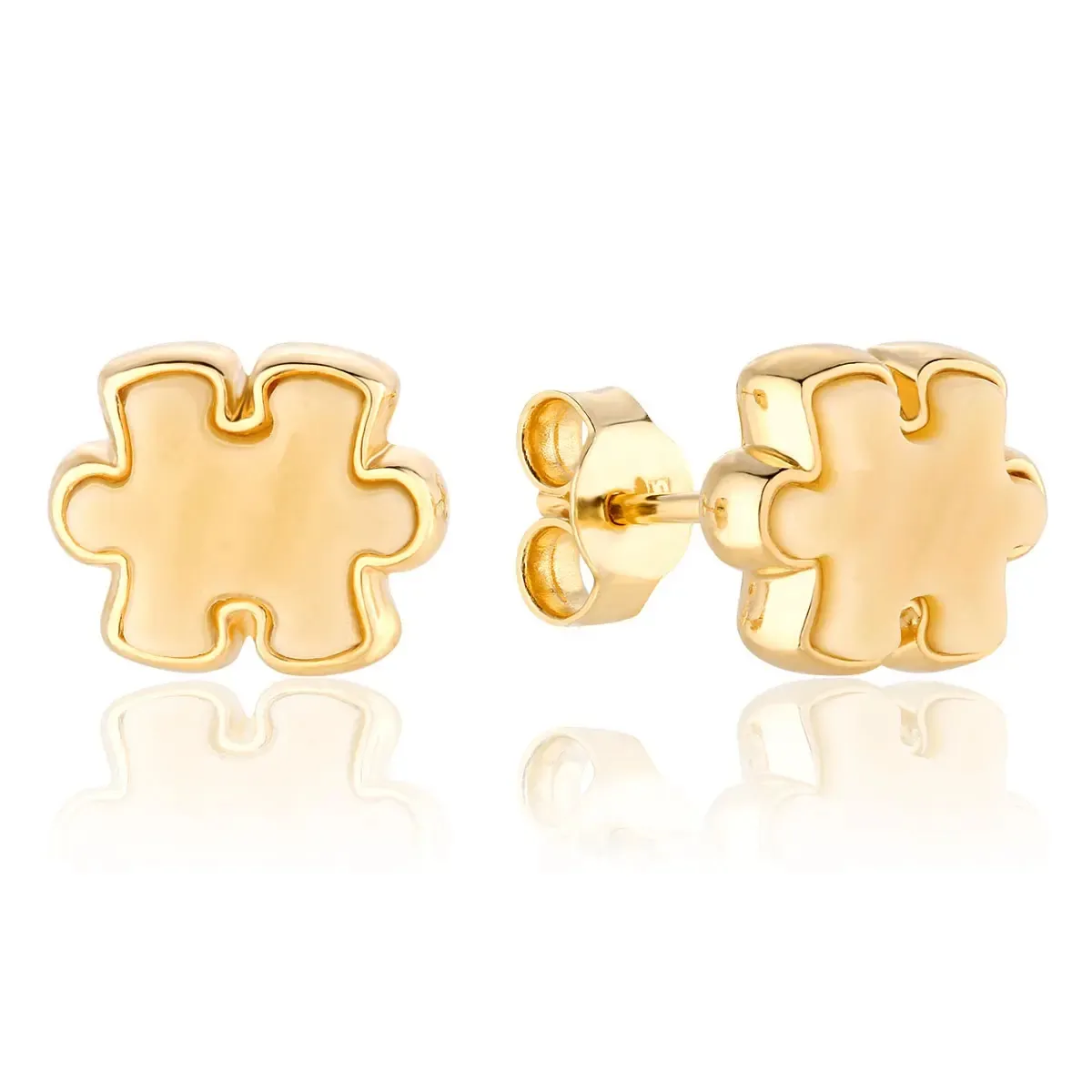 Kolczyki na sztyft srebrne pozłacane puzzle z mlecznym bursztynem