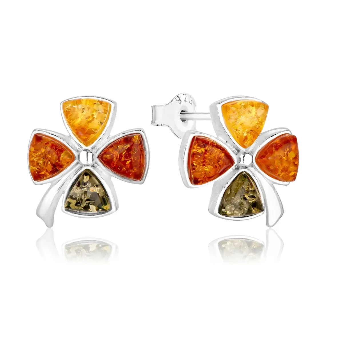 Kolczyki na sztyft srebrne koniczynki z kolorowym bursztynem Clovers