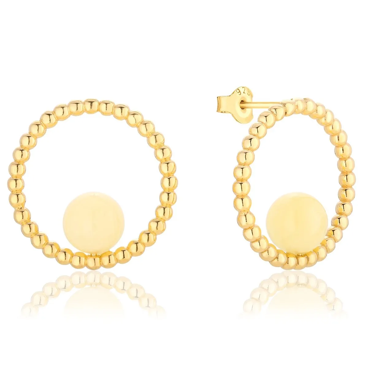 Kolczyki koła srebrne pozłacane z mlecznym bursztynem