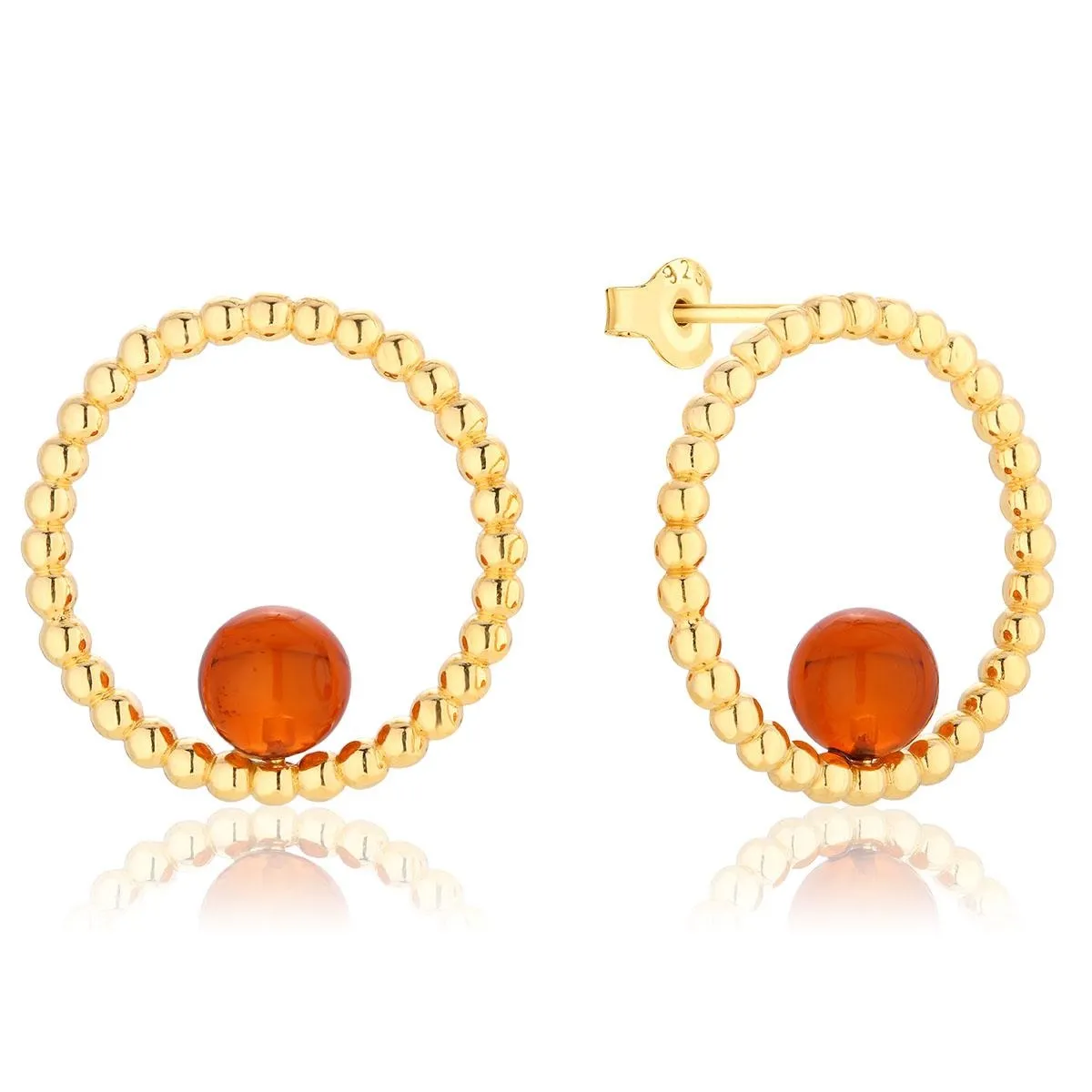 Kolczyki koła srebrne pozłacane z koniakowym bursztynem