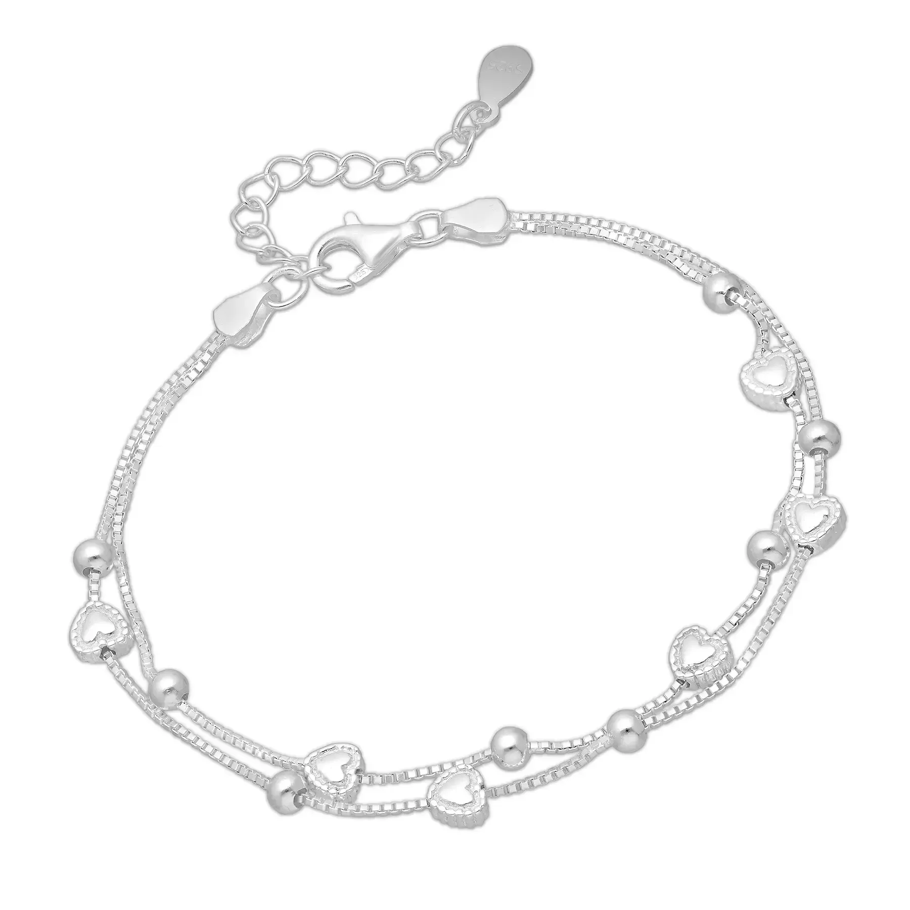 Srebrna bransoletka z koralikami i sercami