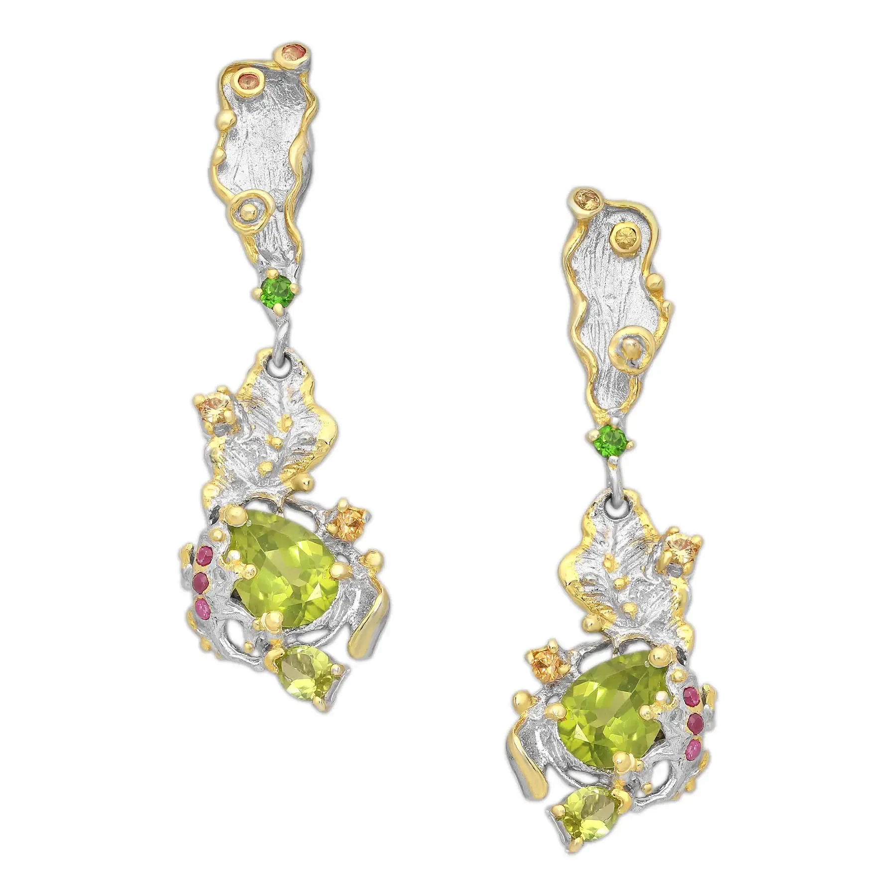 Śliczne srebrne kolczyki z peridotem i rodolitem