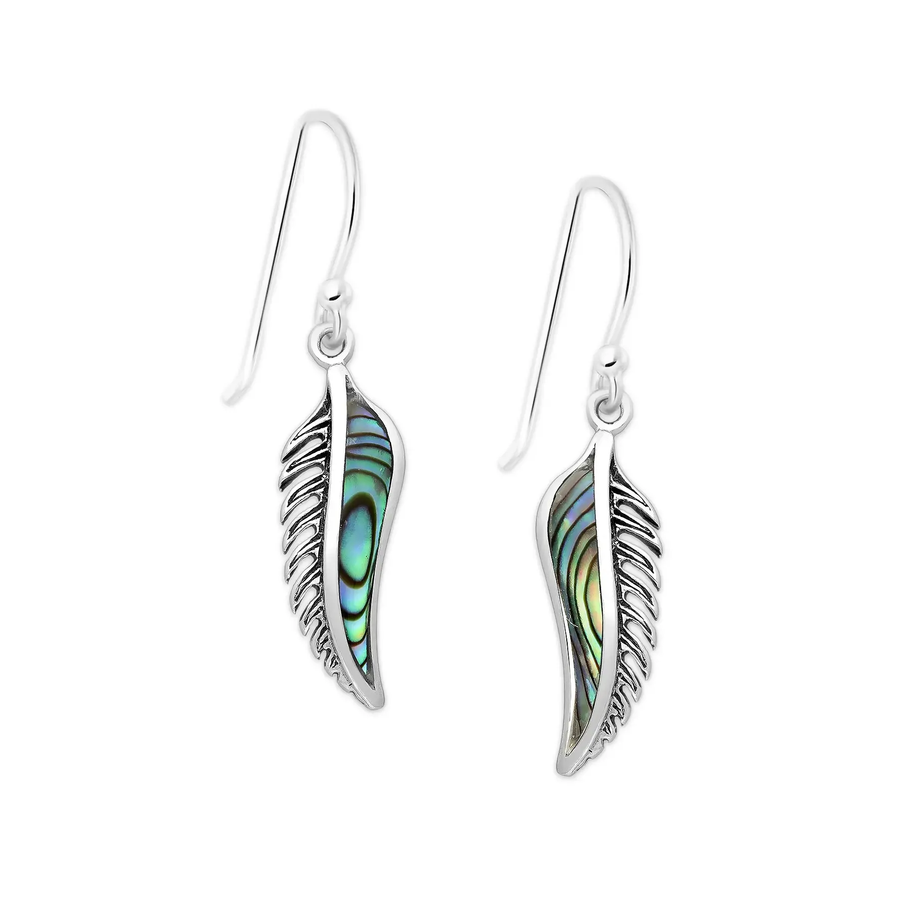 Srebrne kolczyki piórka z muszlą Abalon