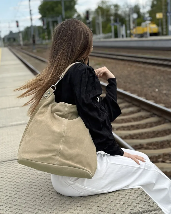 Worek skórzany shopper MARCO MAZZINI nubuk beżowy s92bb