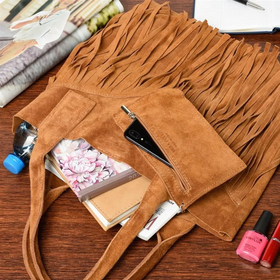 Shopperka boho skórzana VERA PELLE L83 camelowa