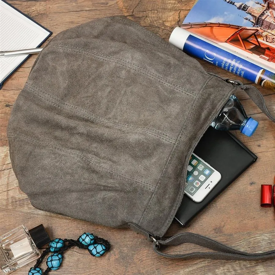 Worek skórzany VERA PELLE zamszowy szary K49