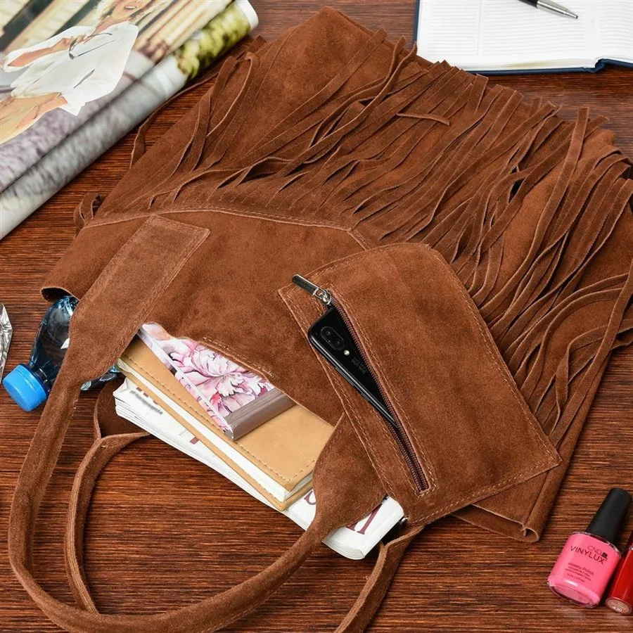 Shopperka boho skórzana VERA PELLE L83 koniakowa