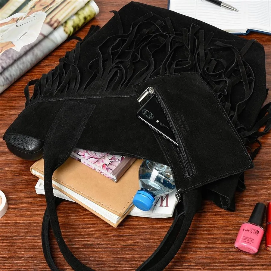 Shopperka boho skórzana VERA PELLE L83 czarna