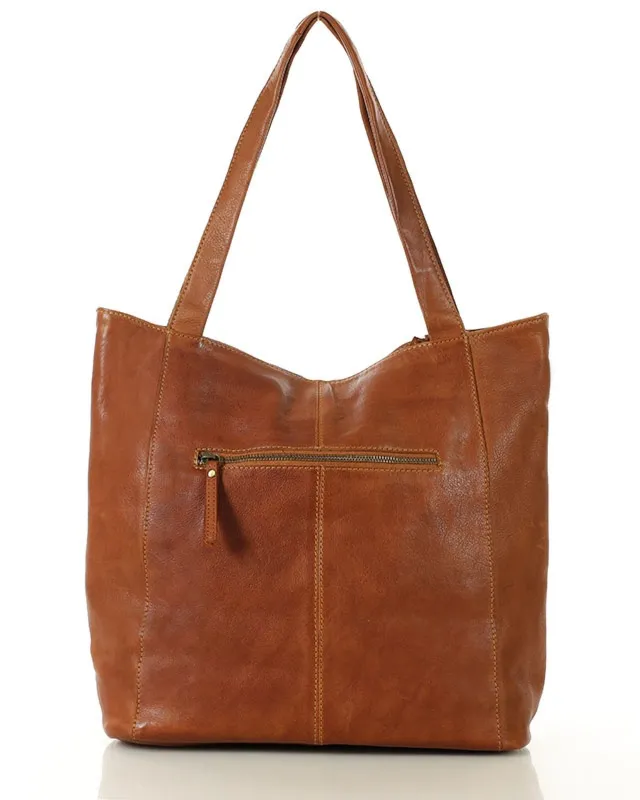 Miękka torba typu shopper skórzana na ramię - MARCO MAZZINI - brąz camel