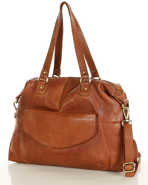 Shopper bag torebka skórzana A4 do pracy - MARCO MAZZINI brąz camel