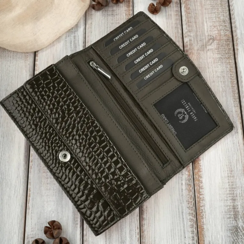 Portfel damski skórzany duży ciemnozielony croco z ochroną RFID Paolo Peruzzi AL-02-GB