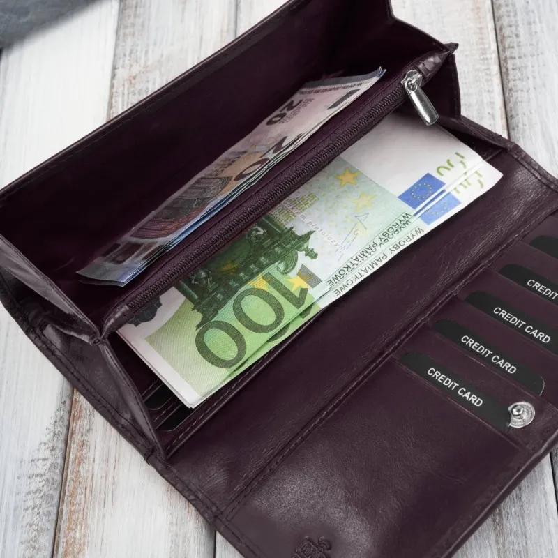 Poziomy portfel damski skórzany w kolorze burgundowym z metalowym logo duży Paolo Peruzzi AL-12-BGD