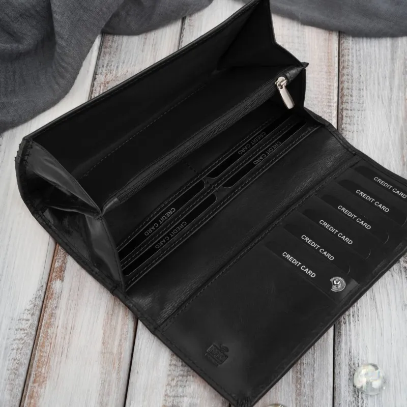 Portfel damski skórzany z tłoczeniem w kwiaty czarny z ochroną RFID Paolo Peruzzi AL-12-BL