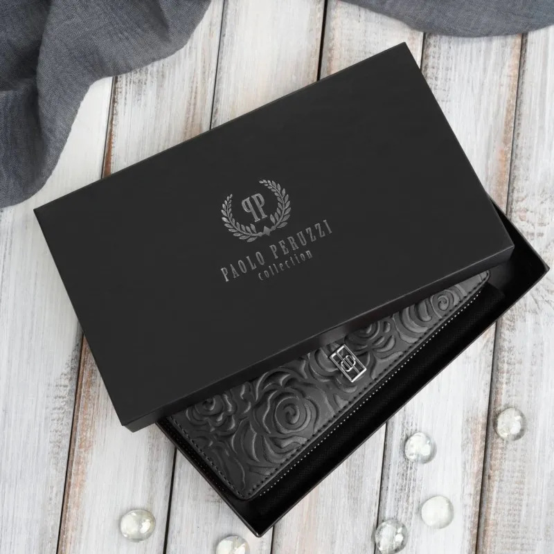 Czarny portfel damski ze skóry naturalnej w kwiaty Paolo Peruzzi AL-13-BL