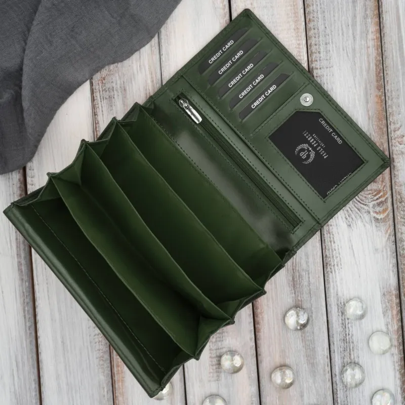 Ciemnozielony portfel damski skórzany w kwiaty duży poziomy Paolo Peruzzi AL-14-GB