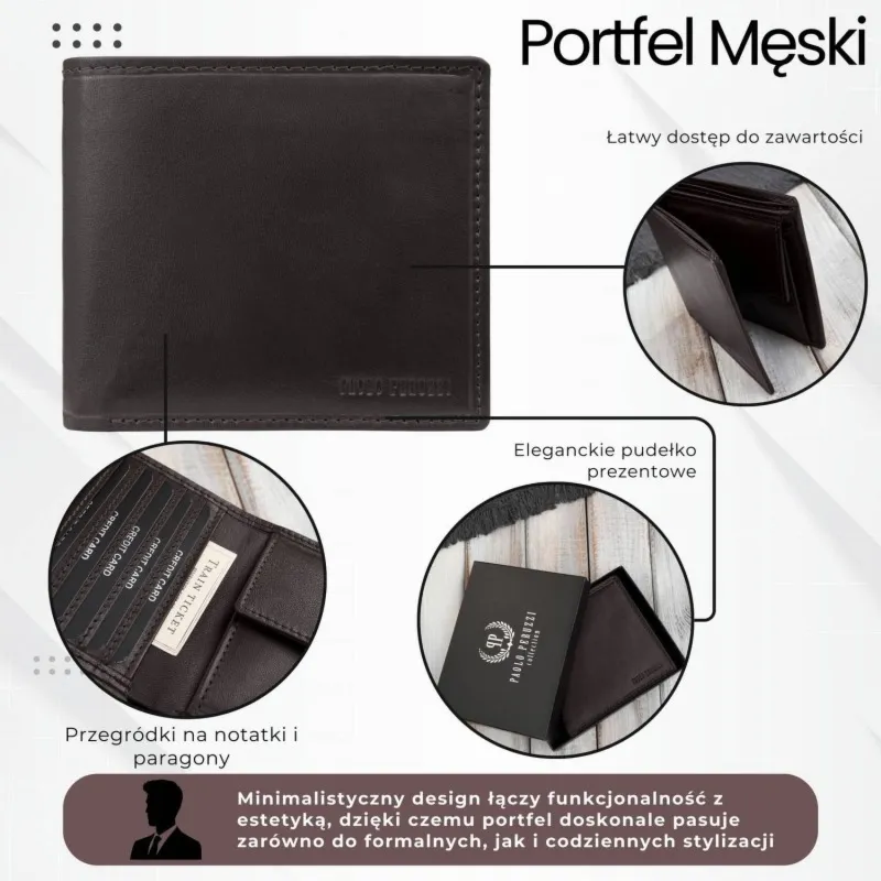 Brązowy portfel męski skórzany smukły poziomy Paolo Peruzzi AL-17-BR