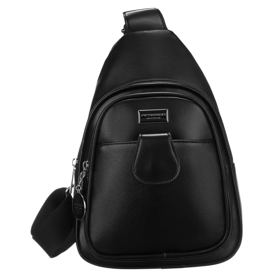 Czarna funkcjonalna saszetka damska z szerokim regulowanym paskiem nerka crossbody eko skóra Peterson