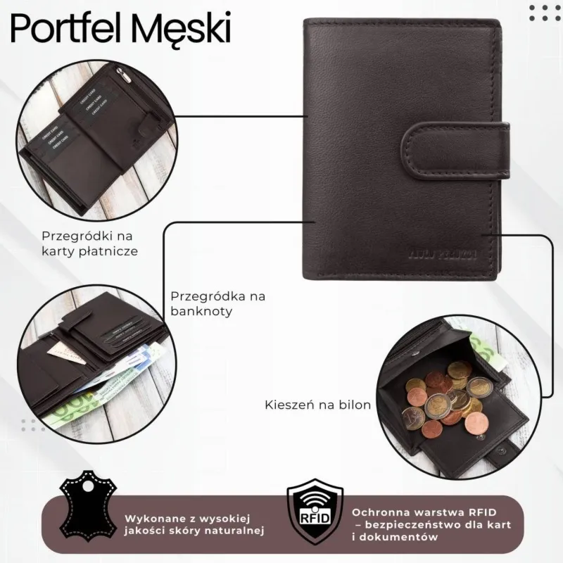 Portfel męski skórzany klasyczny pionowy brązowy z RFID Paolo Peruzzi AL-18-BR
