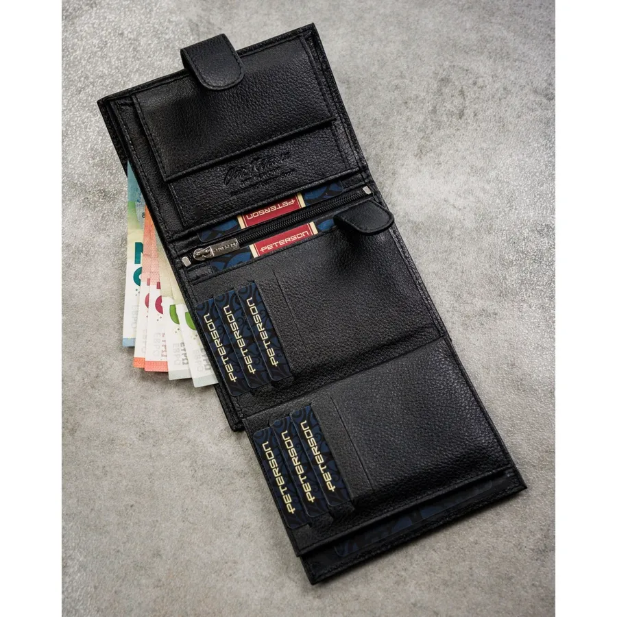 Czarny portfel męski ze skóry naturalnej zamykany zatrzaskiem i wyposażony w system RFID - Peterson