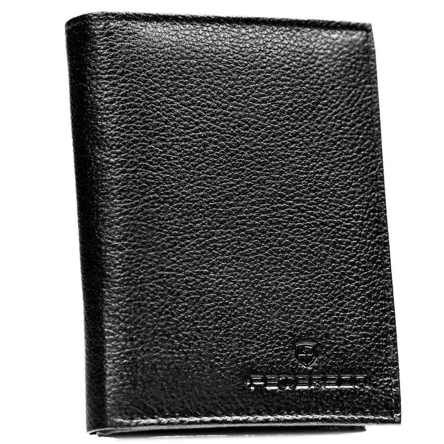 Czarny portfel męski ze skóry naturalnej bez zapięcia zewnętrznego, zapakowany w firmowe pudełko - Peterson