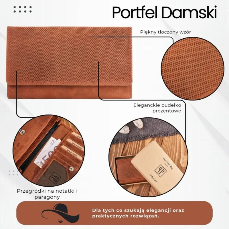 Portfel damski skórzany duży pomarańczowy pojemny vintage Paolo Peruzzi T-113-HOR