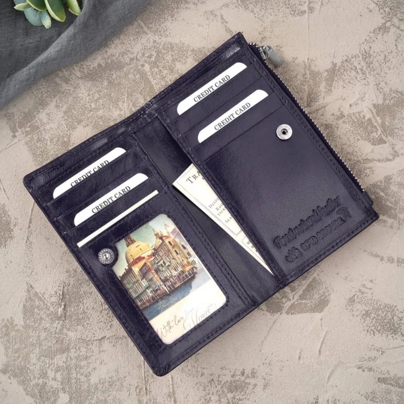 Portfel damski skórzany duży granatowy z ochroną RFID Paolo Peruzzi T-140-NV