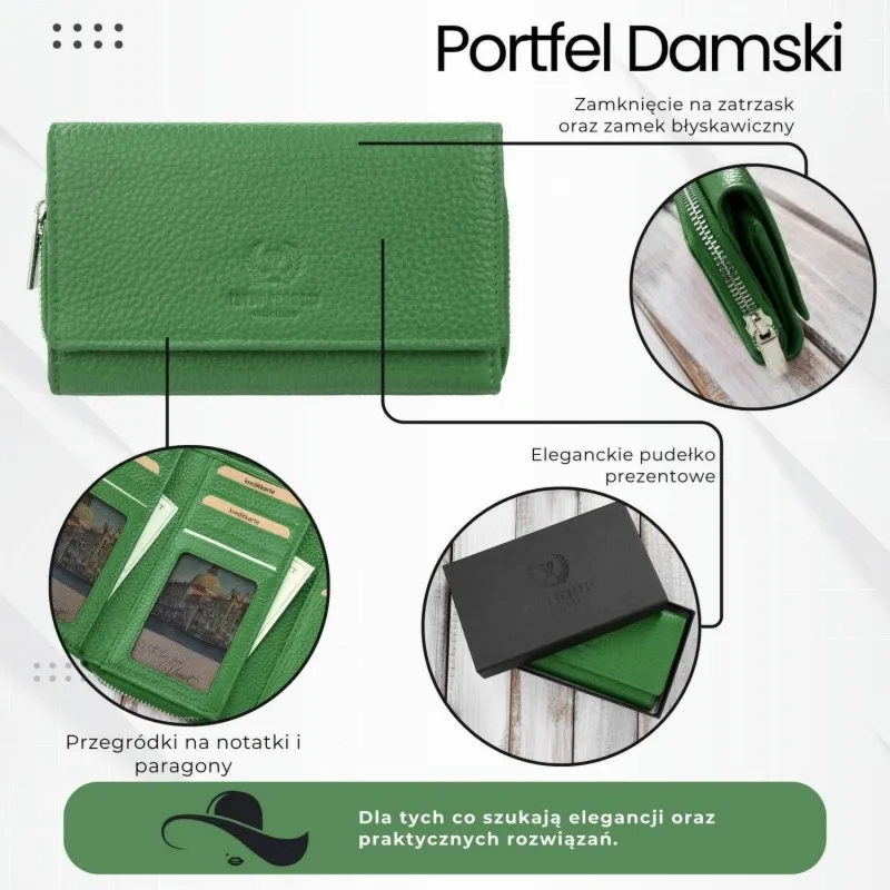 Portfel damski duży zielony ze skóry naturalnej pojemny Paolo Peruzzi T-138-GB