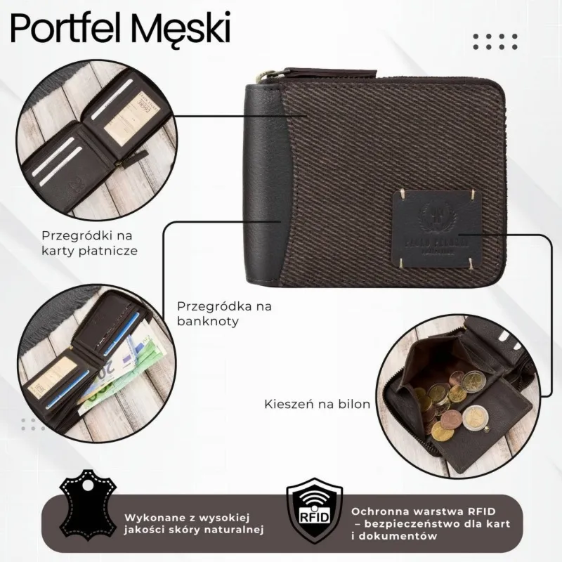 Portfel męski brązowy zapinany na zamek skóra naturalna i bawełniany canvas Paolo Peruzzi AY-07-BR