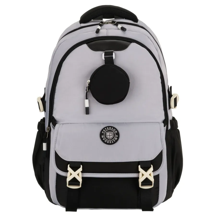 Szaro-czarny plecak szkolny z poliestru z dodatkową saszetką - Peterson