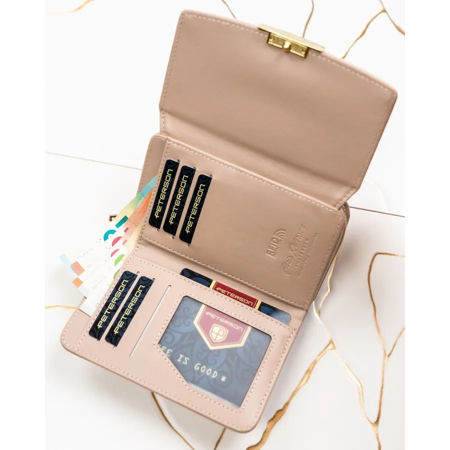 Beżowy portfel damski ze skóry ekologicznej w orientacji poziomej Peterson PTN 001-THU