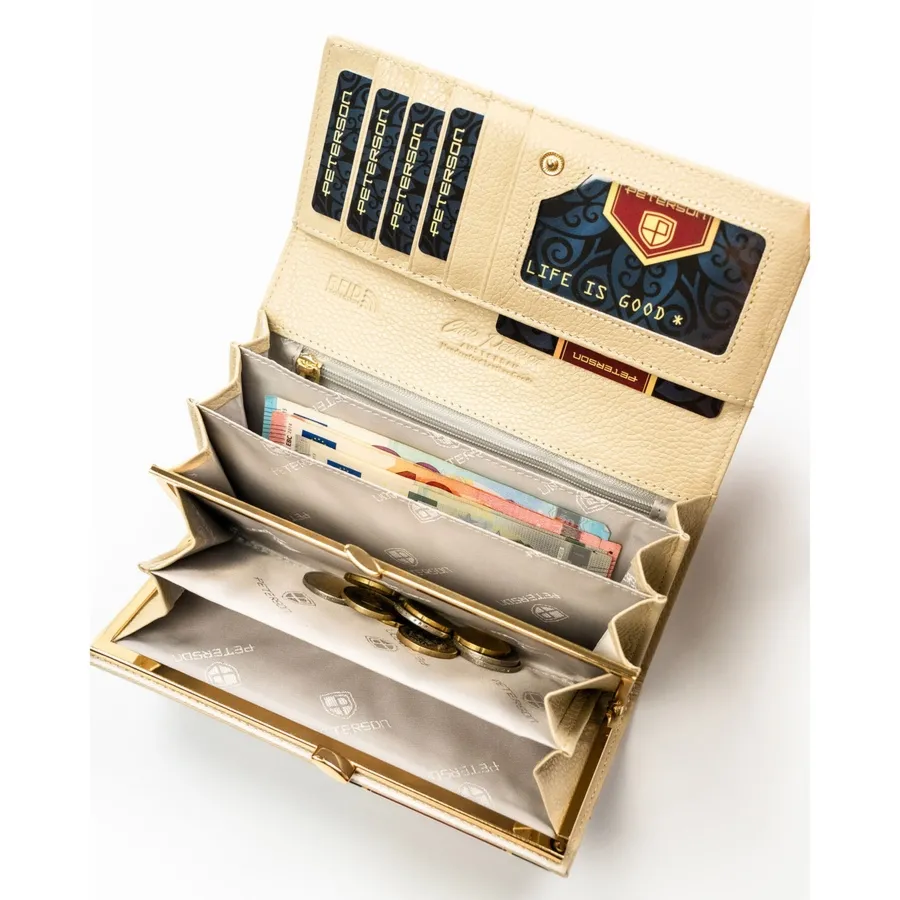 Beżowy portfel damski ze skóry naturalnej i ekologicznej w roślinny wzór Peterson PTN PS401-MLF