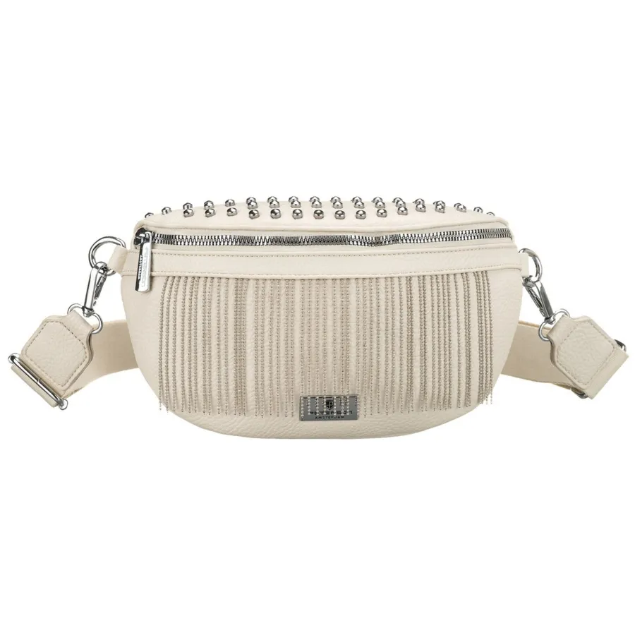 Modna saszetka damska wykonana ze skóry ekologicznej w jasnobeżowym kolorze, zamykana suwakiem - Peterson