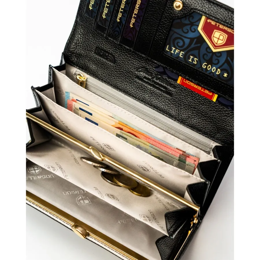 Duży portfel damski ze skóry naturalnej i ekologicznej w czarnym kolorze Peterson PTN PS401-MLF