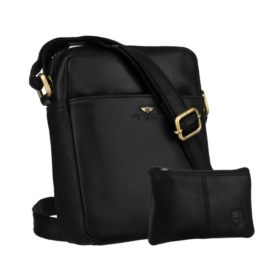 Klasyczna, czarna torba-listonoszka ze skóry naturalnej z etui na klucze w zestawie PTN 720E-OPU Peterson