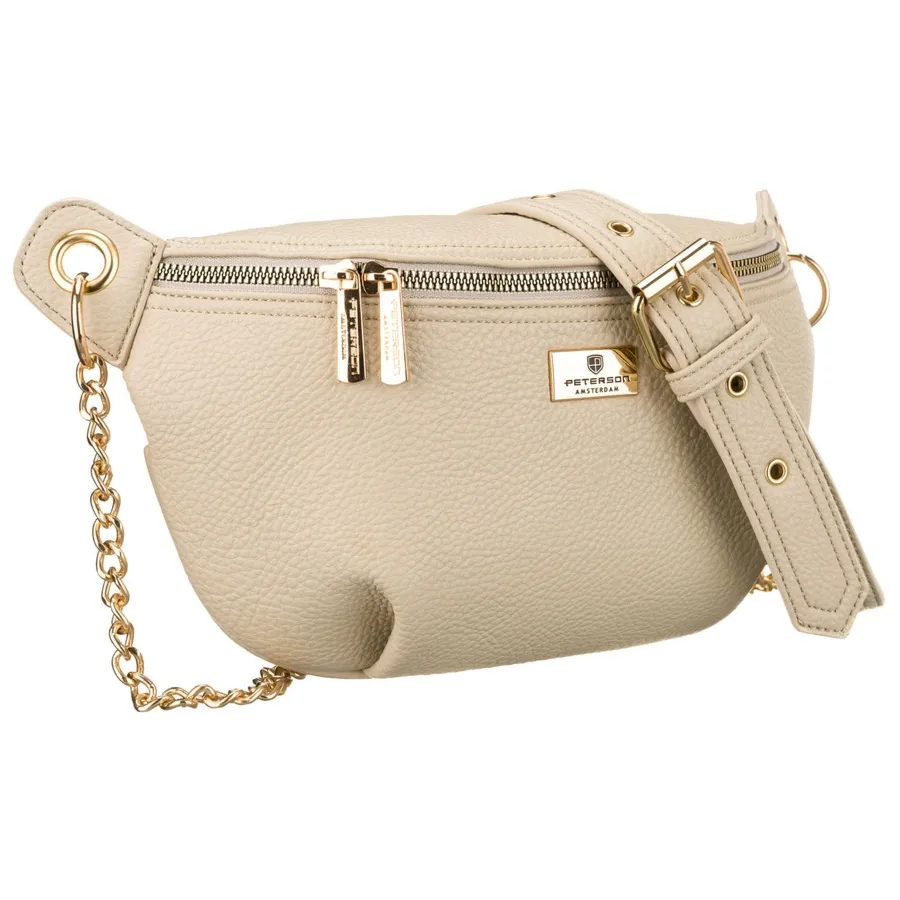 Beżowa saszetka damska ze skóry ekologicznej zamykana suwakiem, zawieszona na regulowanym pasku - Peterson