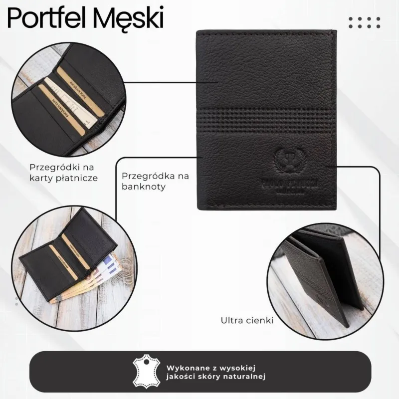Portfel męski mały cienki z przegrodami skórzany praktyczny i stylowy RFID Paolo Peruzzi T-149-BR