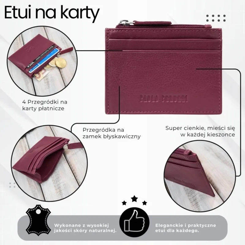 Etui na karty z kieszonką na suwak ochrona RFID eleganckie czerwone Paolo Peruzzi AY-17-RD