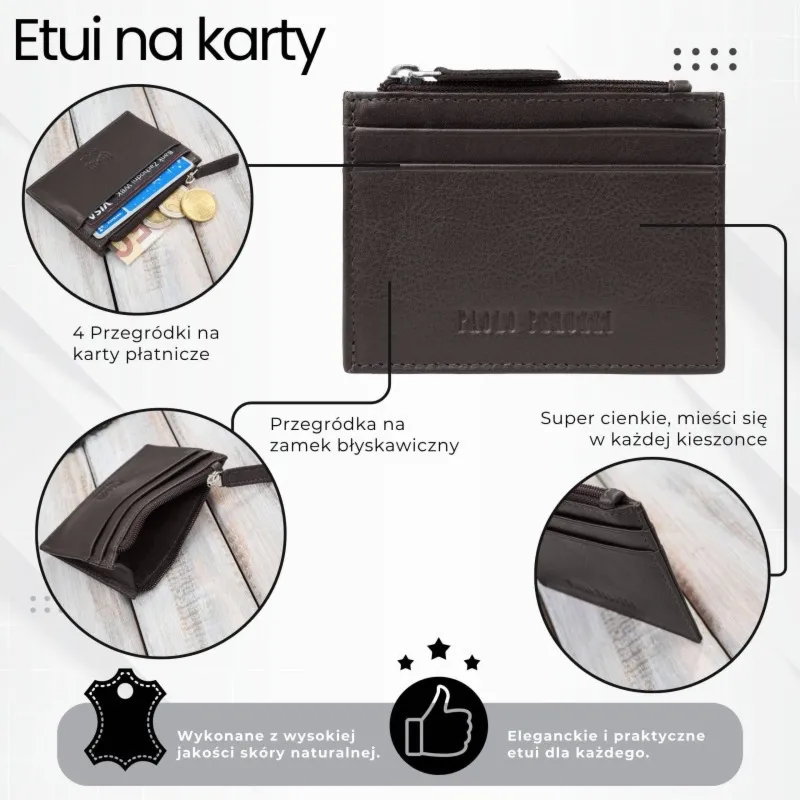 Etui na karty ze skóry naturalnej z kieszonką na suwak RFID brązowe Paolo Peruzzi AY-17-BR