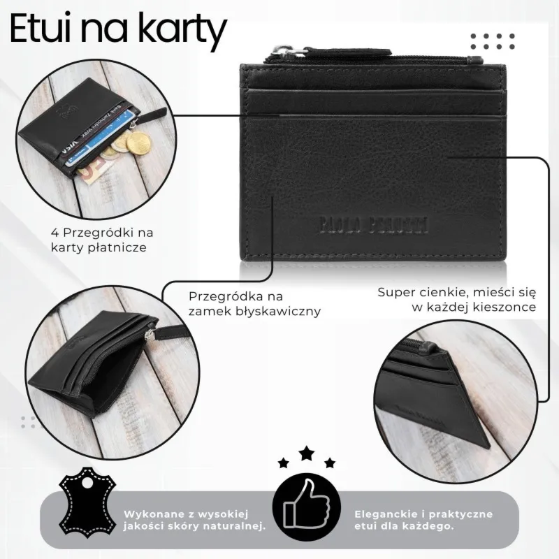 Skórzane etui na karty z kieszonką na suwak RFID czarne Paolo Peruzzi AY-17-BL