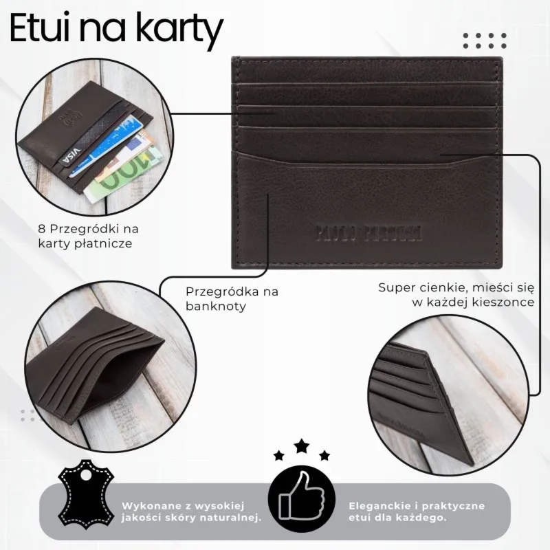 Skórzane etui na karty kredytowe z RFID klasyczne brązowe z wycięciem Paolo Peruzzi AY-16-BR